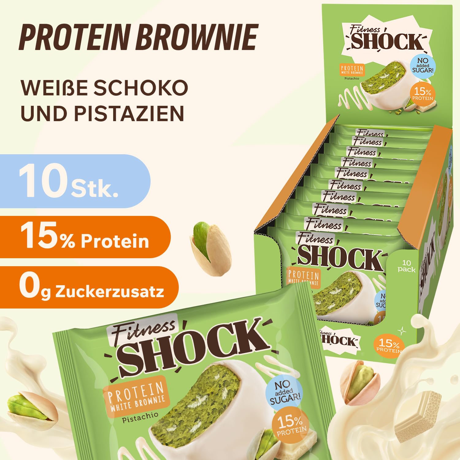 FitnesSHOCK Protein Brownie Snack ohne Zusatz von Zucker, Kekse mit 15% Eiweiß, Weiße Schokolade, sättigende Ballaststoffe, low carb, weiche Konsistenz, 10 Stück х 50g - Pistazien Geschmack 2
