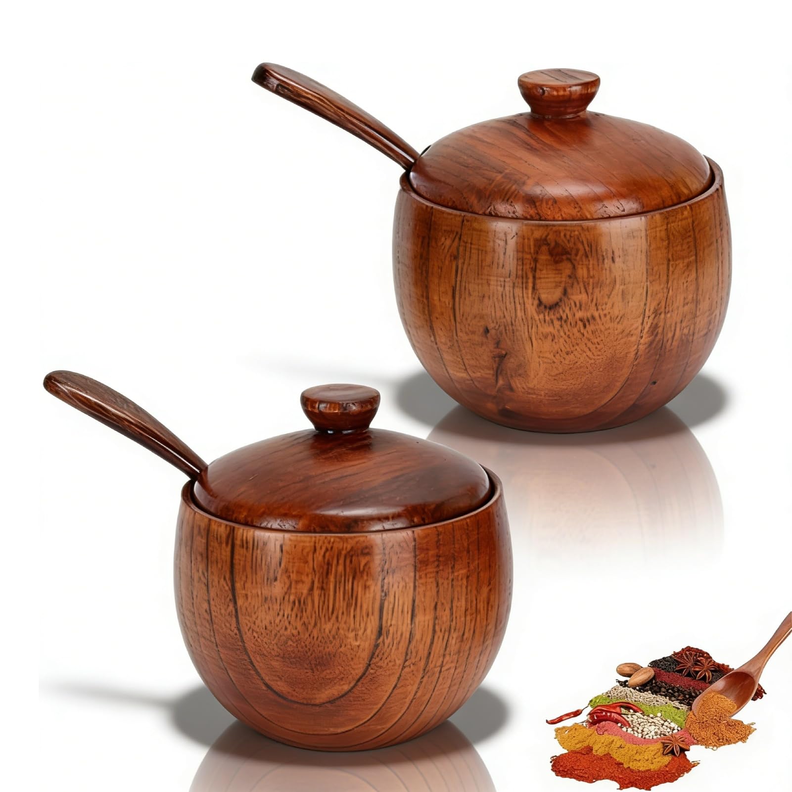 Cyrank Wood Salt or Spice Box with Cover and Spoon,Salt Pepper Spice Box Cellars Salt and Pepper Pots Condiment Container Seasoning Box Set,Wooden Spice Jar,Seasoning Container Cooking Utensil