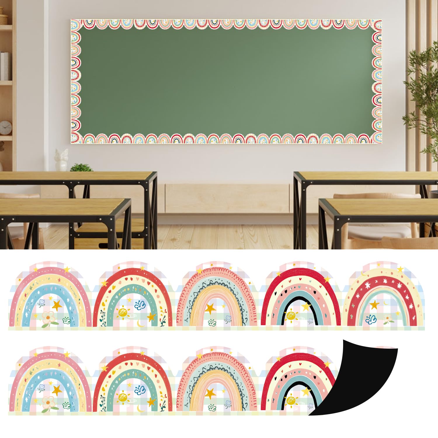 Photo 1 of 12pcs Bohemian Bulletin Board Borders, Funny Magnetic Colorful Bohemian Rainbow Border Trim Suitable for Classroom Whiteboard Bulletin Board Decor