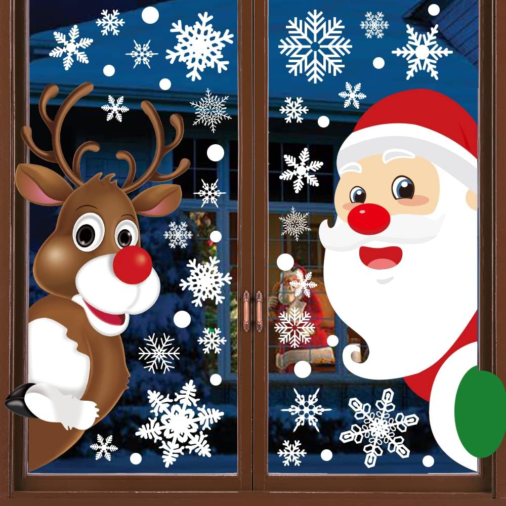 Window Treatments - HINZER 310Pcs Christmas Window Clings Christmas Window Decorations Xmas Window Flakes Christmas Decals for Home Deer Santa Claus and Snowflakes