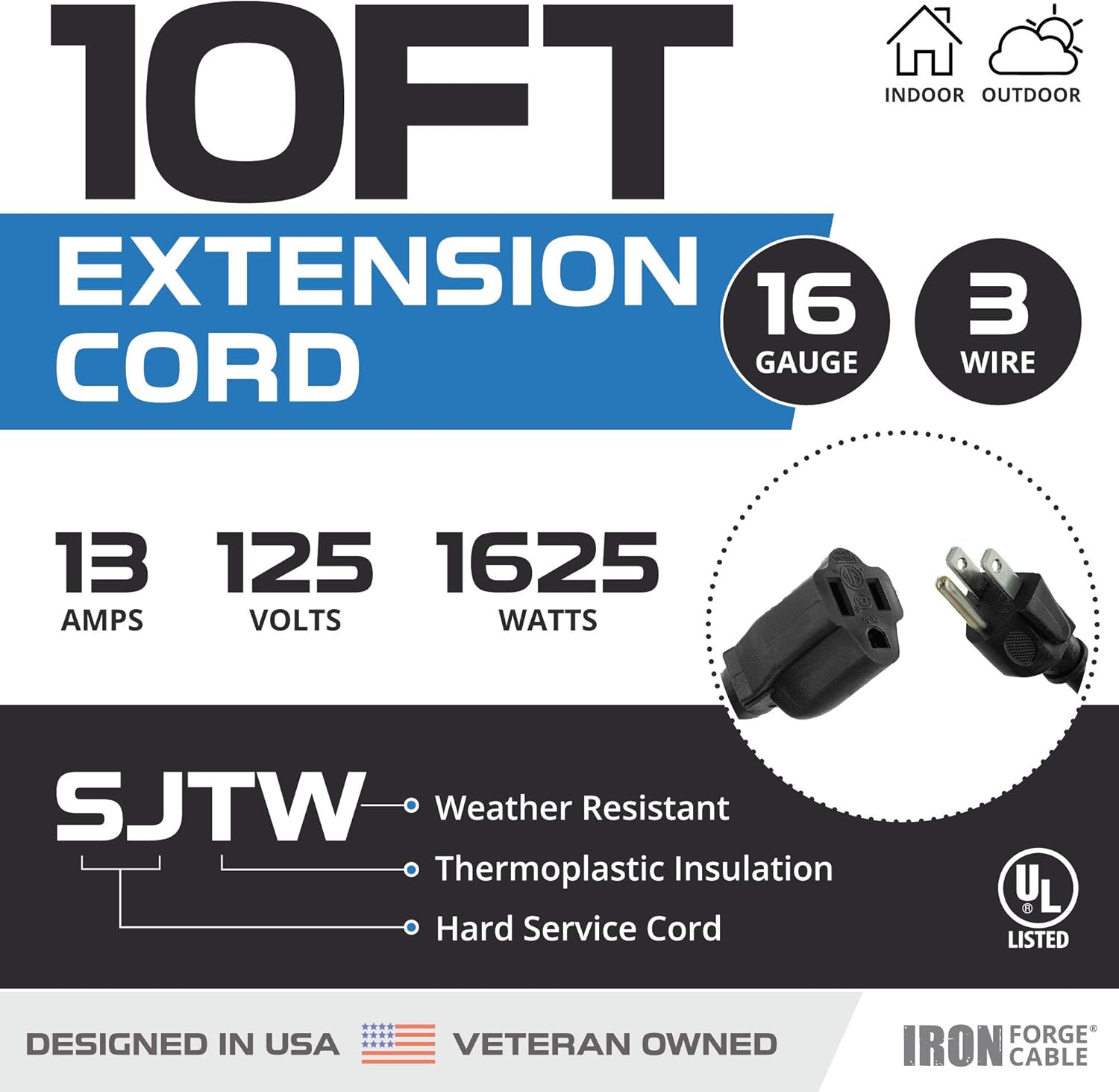 2 Pack of 10 Ft Outdoor Extension Cords - 16/3 Durable Black Extension Cord Pack - - 