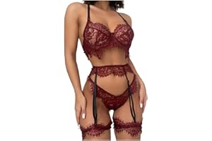 Zzalalana Sexy Lace Lingerie with Garter Belt, 3 Piece Exotic Lingerie Bra and Panty Sets, See Through Lingerie Nightwear