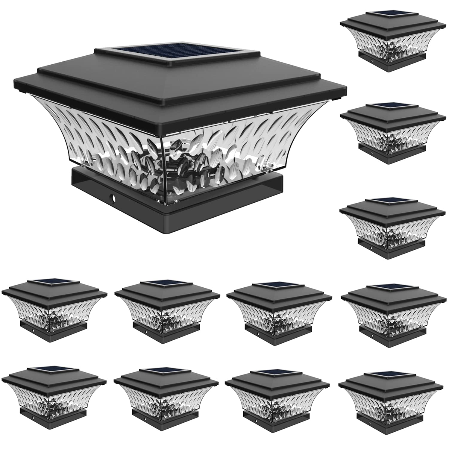 Photo 1 of HUYIENO Solar Post Cap Lights Outdoor LED Lighting Deck Fence Cap Light Two Light Modes Warm White/Bright White Suitable for 4x4 Wooden Posts (Black, 12pk)