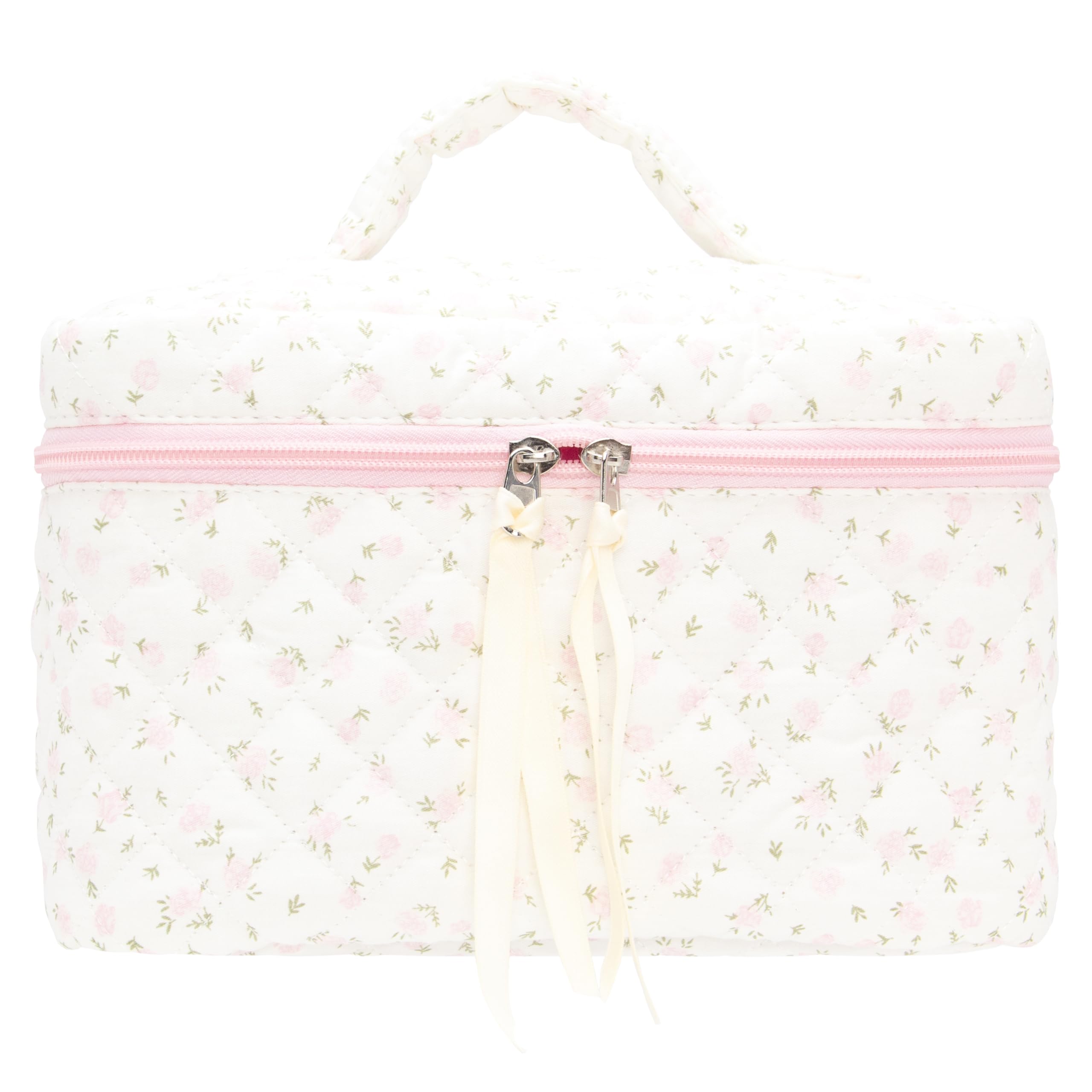 Photo 1 of Quilted Makeup Bag Large Travel Zipper Soft Cosmetic Case for Women Girls Make Up,Little Flower Pink