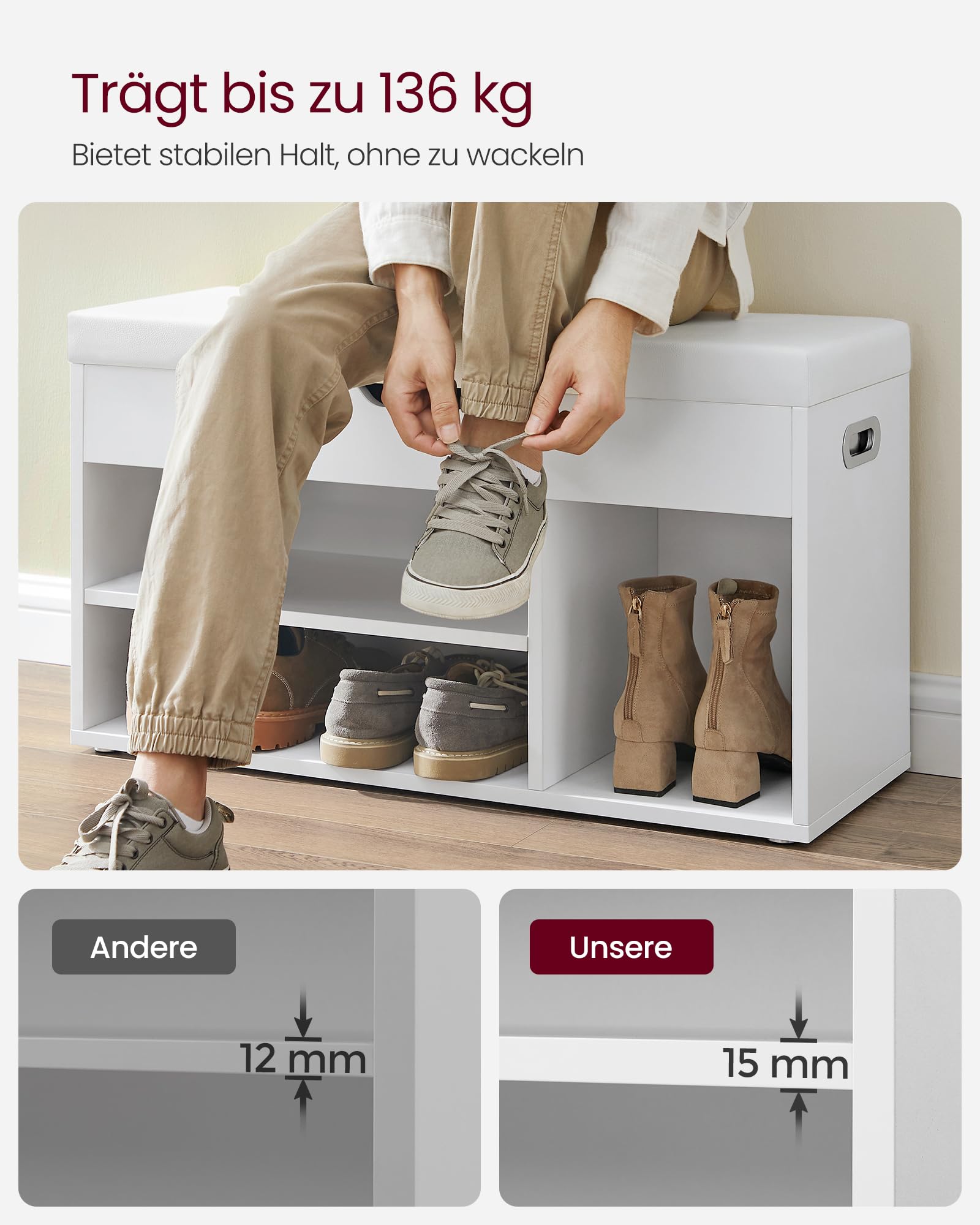 VASAGLE Schuhbank mit Sitzfläche, Sitzbank mit Stauraum, gepolstert, 3 offene Fächer, Fach unter Sitzkissen, Schuhregal für Wohnzimmer, Flur, bis 136 kg belastbar, wolkenweiß LHS30W 5
