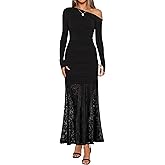 ZESICA Women's Long Sleeve Off Shoulder Bodycon Dresses Fall 2026 Ruched Lace Wedding Guest Cocktail Formal Maxi Dress