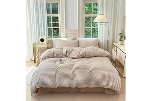 Nayoroom Brown Gingham Duvet Cover Queen Size Tan White Plaid Checkered Duvet Cover 3 Pieces Grid Dorm Bedding Set with 2 Pillowcases, Soft Breathable Washed Microfiber