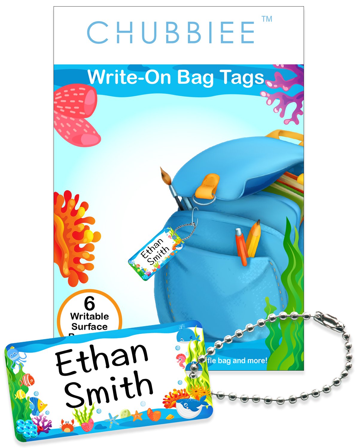 Photo 1 of Child ID Bag Tags, Write-On Kids Name Tags for Backpack, Lunchbox & Diaper Bag, Great for Preschool & Daycare, Pack of 6 (Blue Ocean)