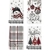Artoid Mode Black Red Xmas Tree Snowman Christmas Kitchen Towels Dish Towels, 18x26 Inch Holiday Believe Bird Winter Decoration Hand Towels Set of 4