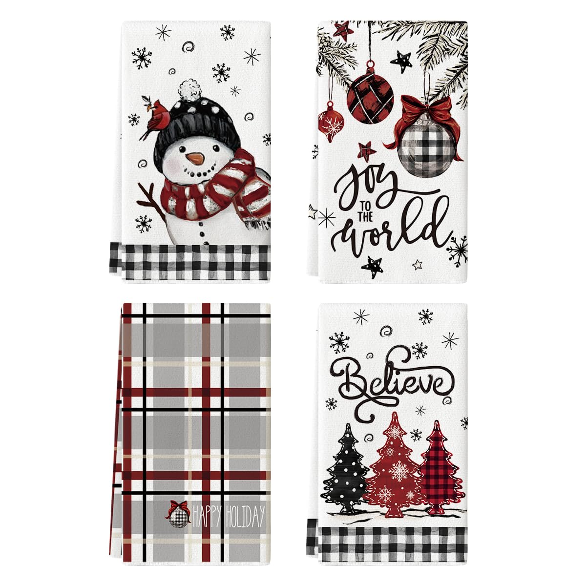 Photo 1 of Artoid Mode Black Red Xmas Tree Snowman Christmas Kitchen Towels Dish Towels, 18x26 Inch Holiday Believe Bird Winter Decoration Hand Towels Set of 4