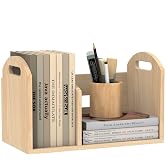 Wood Desktop Bookshelf, Upright Tabletop Book Shelf With Adjustable Divider Secure Books in Place, Desk Shelf for Top of Desk in Living Room, Home, Office, Perfect for Books, Cookbooks, Magazine, File