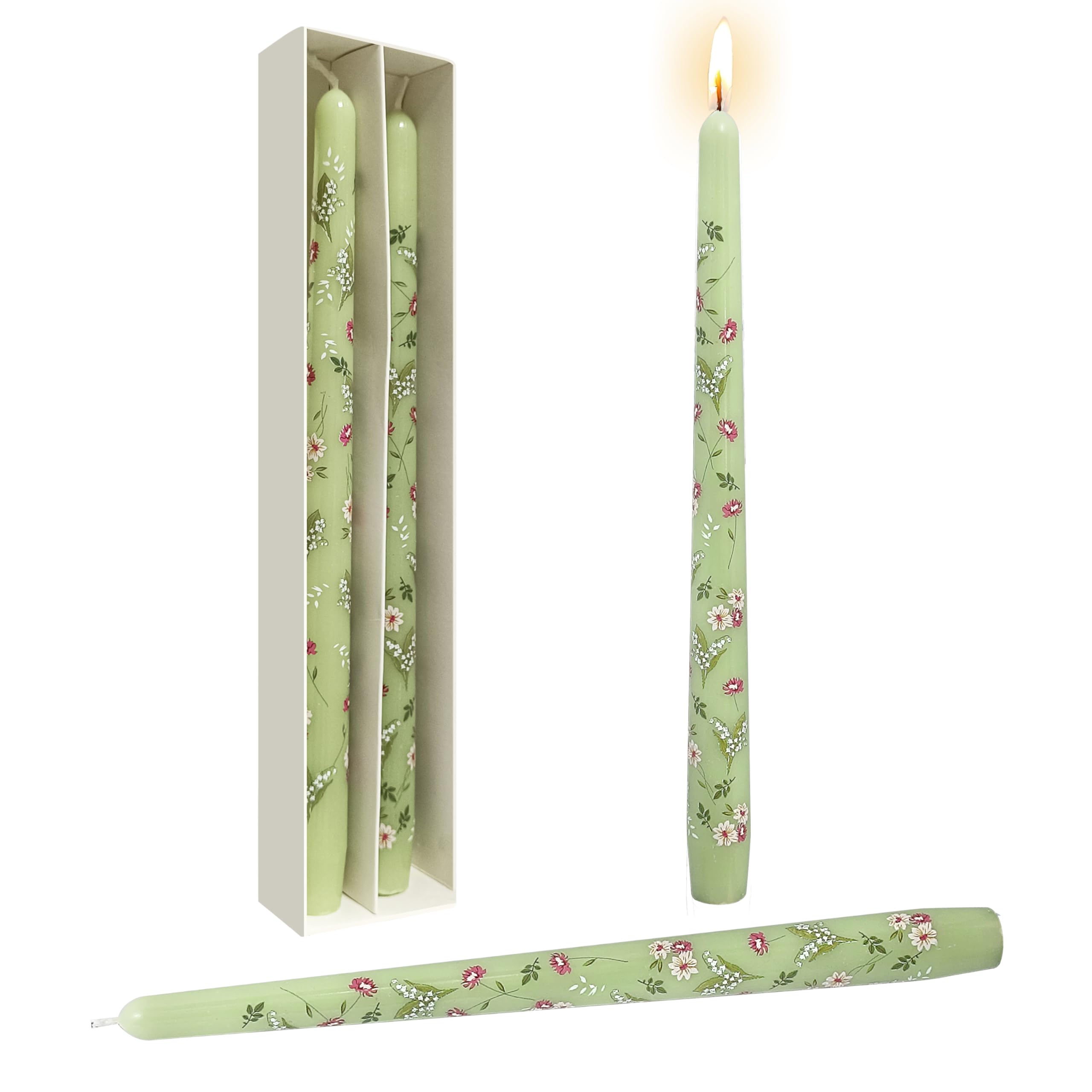 Photo 1 of 10 Inch Flower Decal Taper Candles Candle Sticks Handmade 2 Pack Unique Taper Candles Smokeless Candles for Wedding Dinner Decoration(Green)