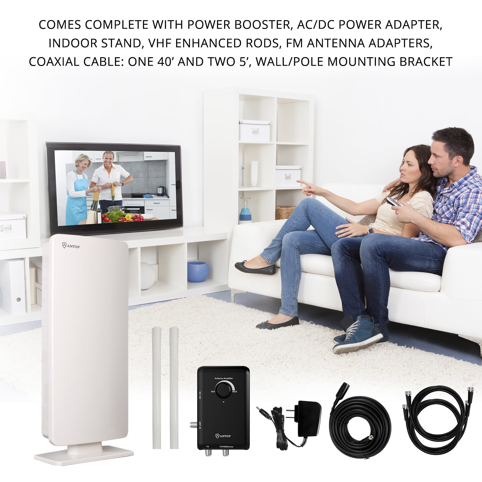 ANTOP AT-800SBS HD Smart Panel Antenna with Smart Boost System, VHF Enhanced Amplified Indoor Outdoor TV Antenna，Support 2TVs or A Second Device