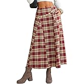 EXLURA Womens Flannel Plaid Long Skirts High Waist A Line Flared Pleated Maxi Skirt Dress Casual Vintage Office with Pockets