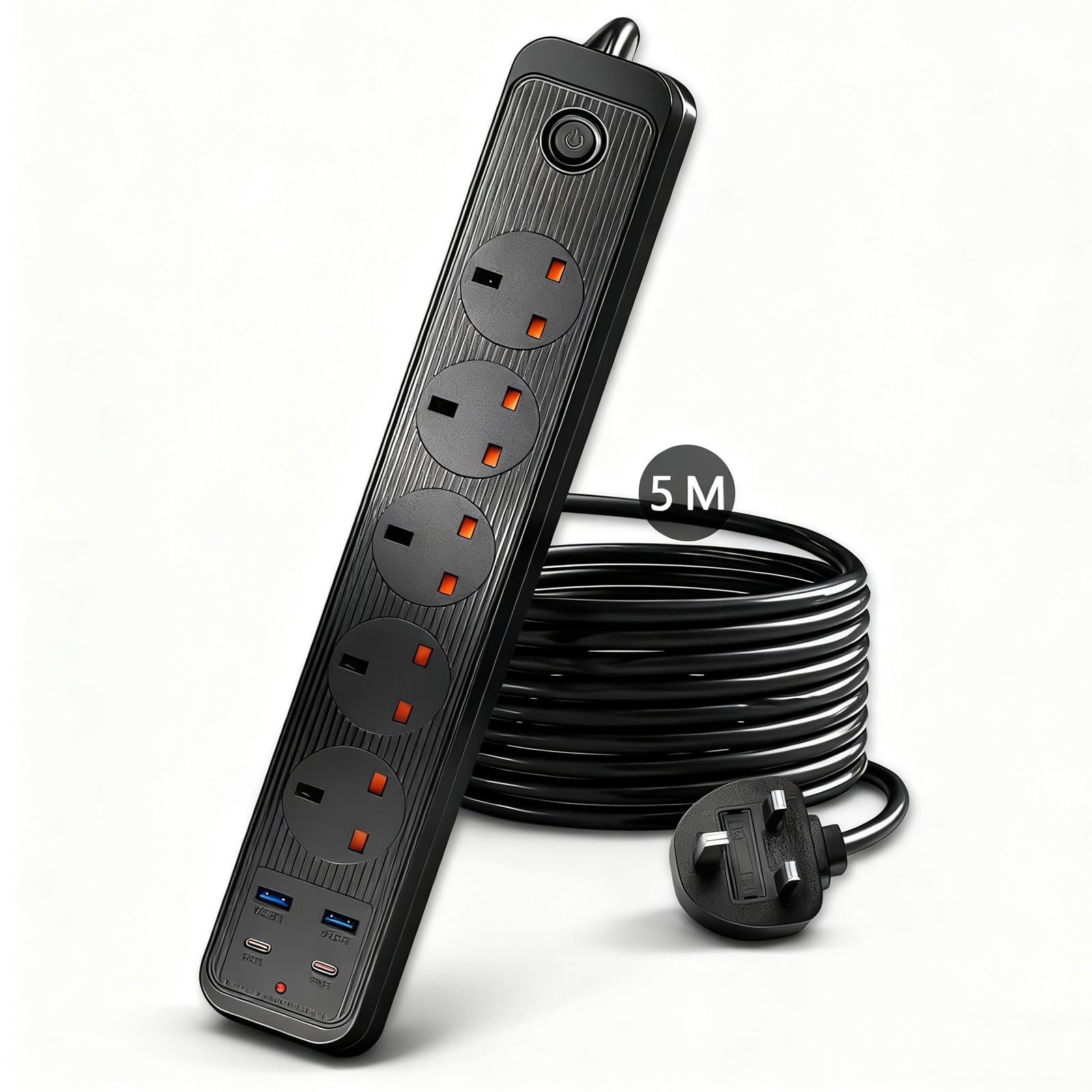 5M Extension Lead, Extension Lead 5M with USB Slots(2 Type C and 2 USB), 5 Plug Extension Lead Overload Protection for Home Dorm Office Extension(Black)