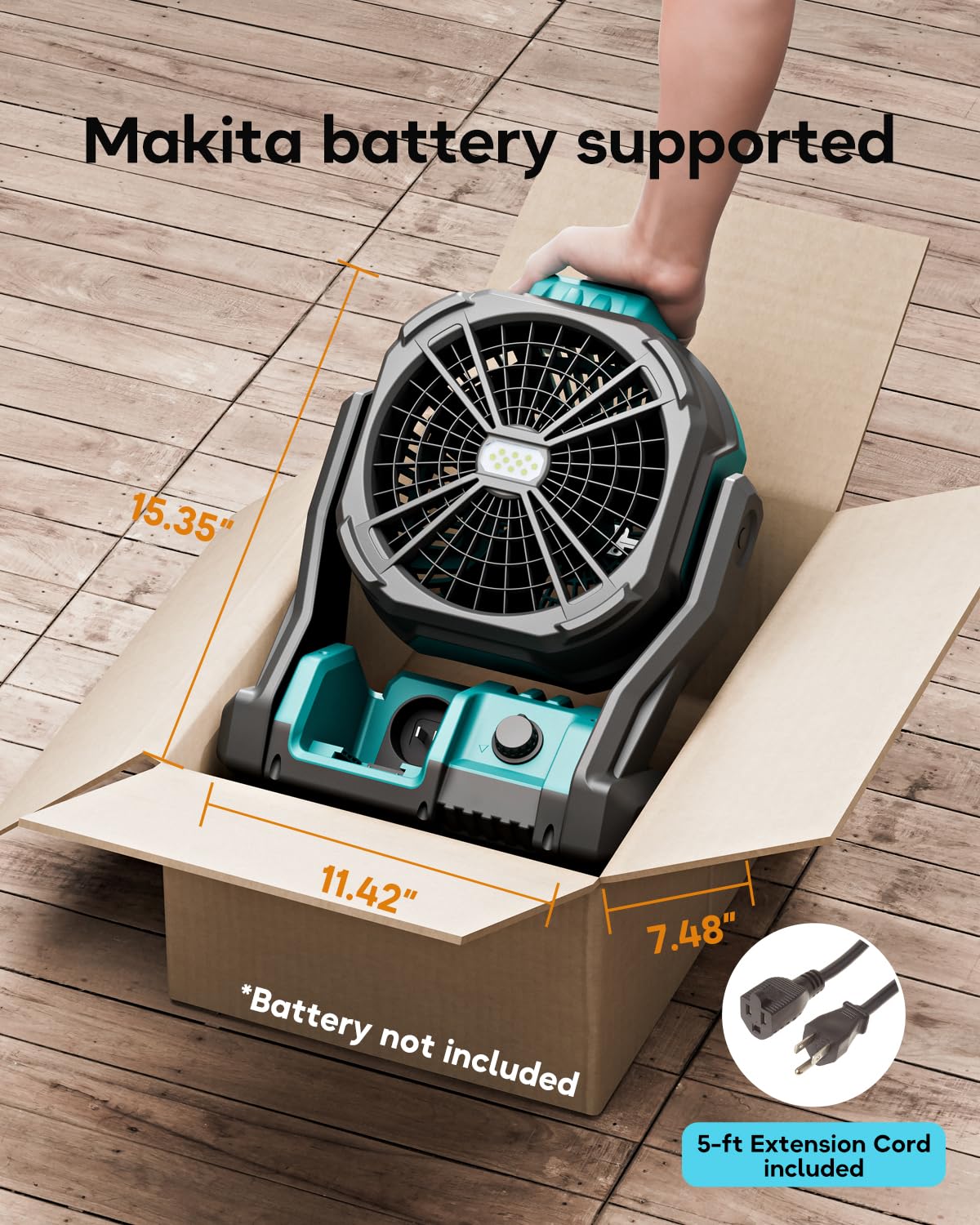 DeForce Battery Operated Fan, for Makita 18V Battery, Camping Fan Cordless, Option for Corded, with LED Lights, Variable Speed, Hook for Hanging, for Jobsite, Blue(Bare Tool Only)