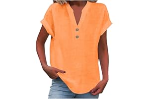 Cotton Linen Shirts for Women Loose Fit Short Sleeve V Neck Button Down Tops Summer Causal Solid Work Blouses Tees