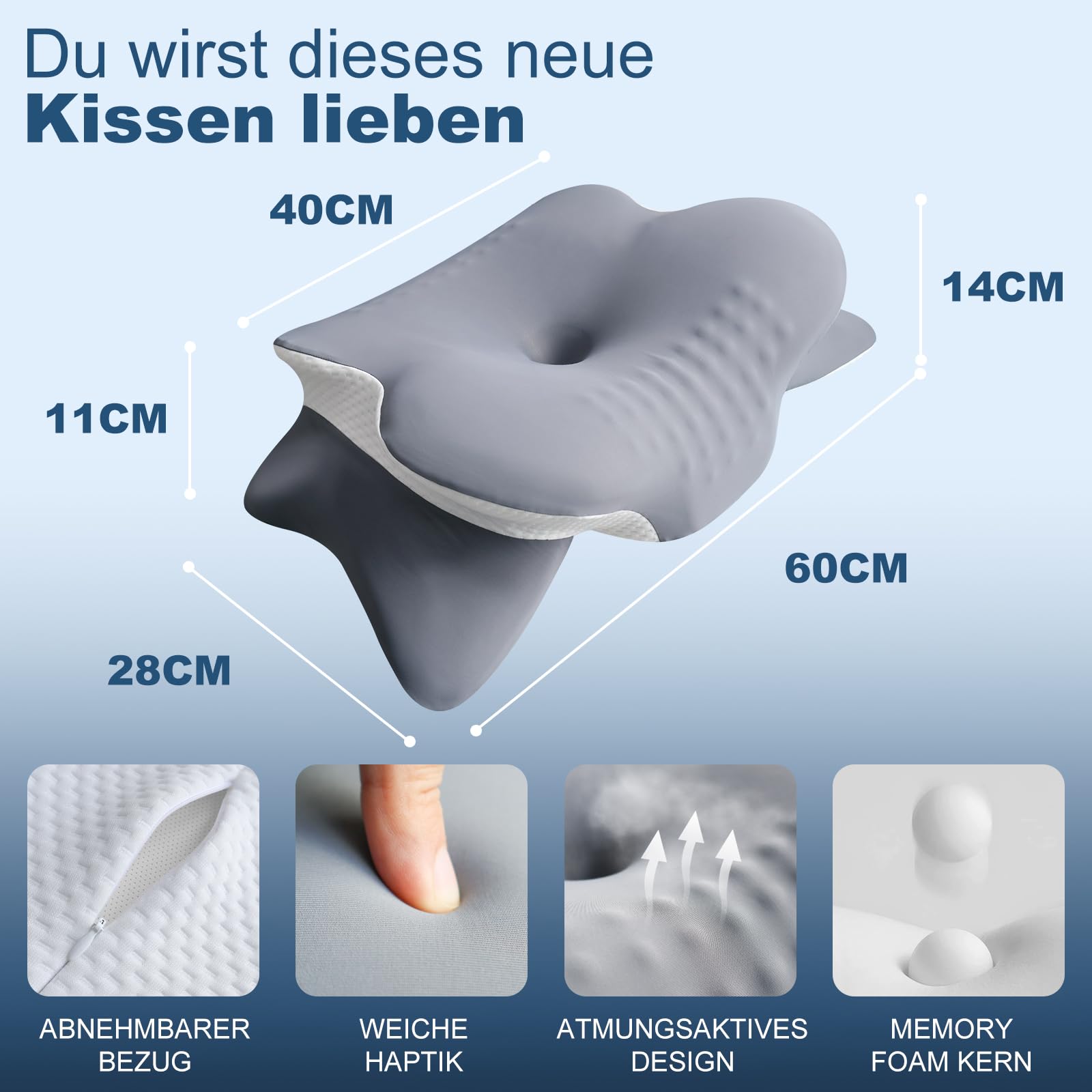 Nackenkissen Kopfkissen, Nackenstützkissen mit 3D-Nackenstütze, CertiPUR-US & OEKO-TEX zertifiziert, Seitenschläferkissen mit Atmungsaktivem Waschbarem Bezug, für Seiten-, Rücken- & Bauchschläfer 2