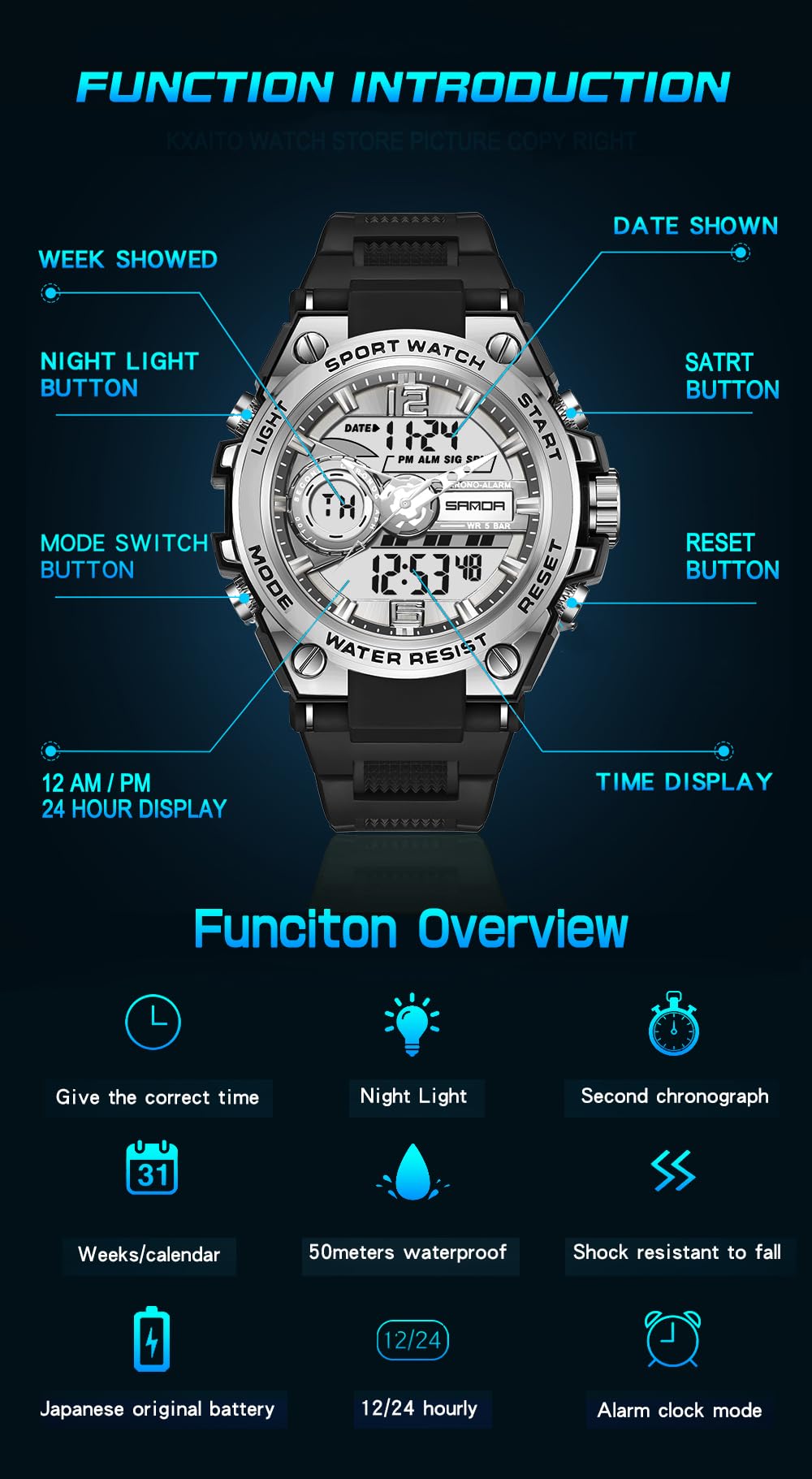 KXAITO Men's Watches Sports Outdoor Waterproof Military Watch Date Multi Function Tactics LED Alarm Stopwatch