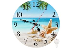 Britimes Round Wall Clock Silent Non-Ticking Battery Operated Clock 10 Inch, Shell Sand Summer Time Beach Home Decor for Living Room, Kitchen, Bedroom, and Office