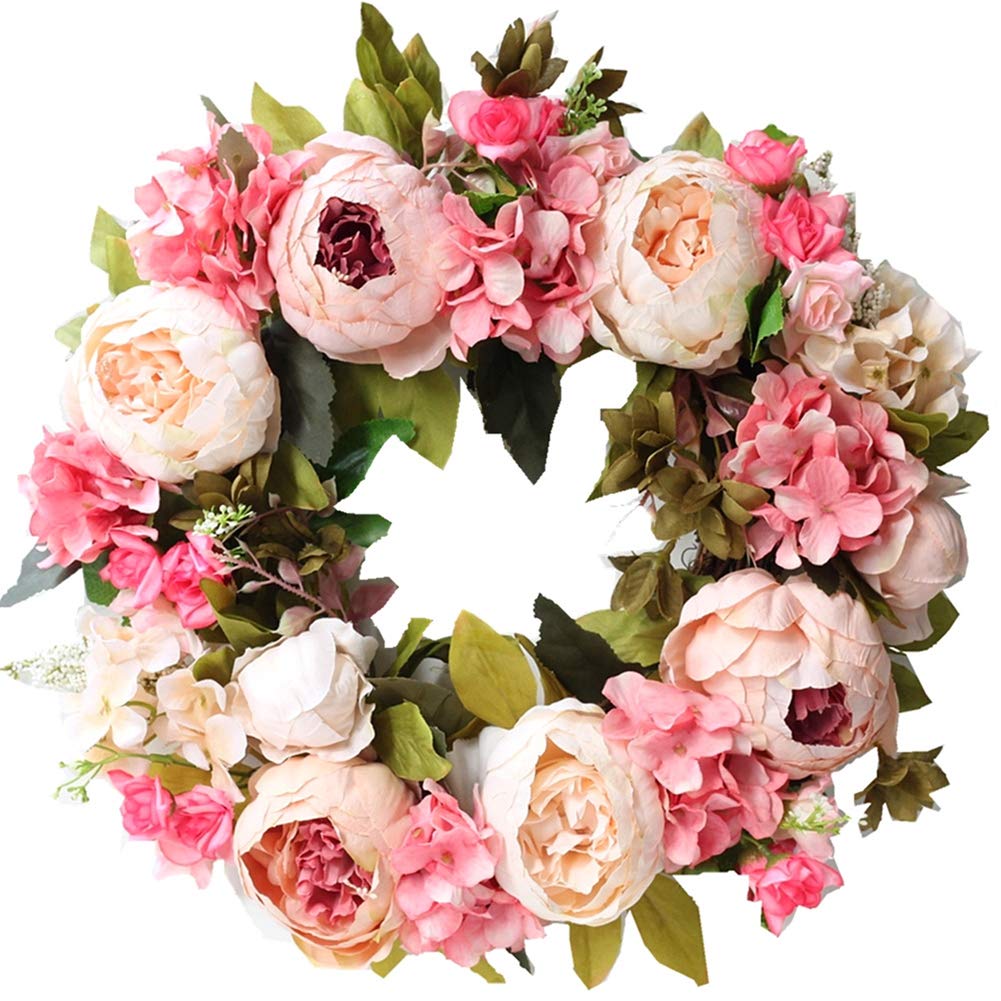 Door Wreath, Artificial Flowers Peony Wreath - Four Seasons Front Door Decor with Peony and Green Leaves, for Front Door Living Room Wall Garden Wedding Festival Decor(40cm, Light pink)