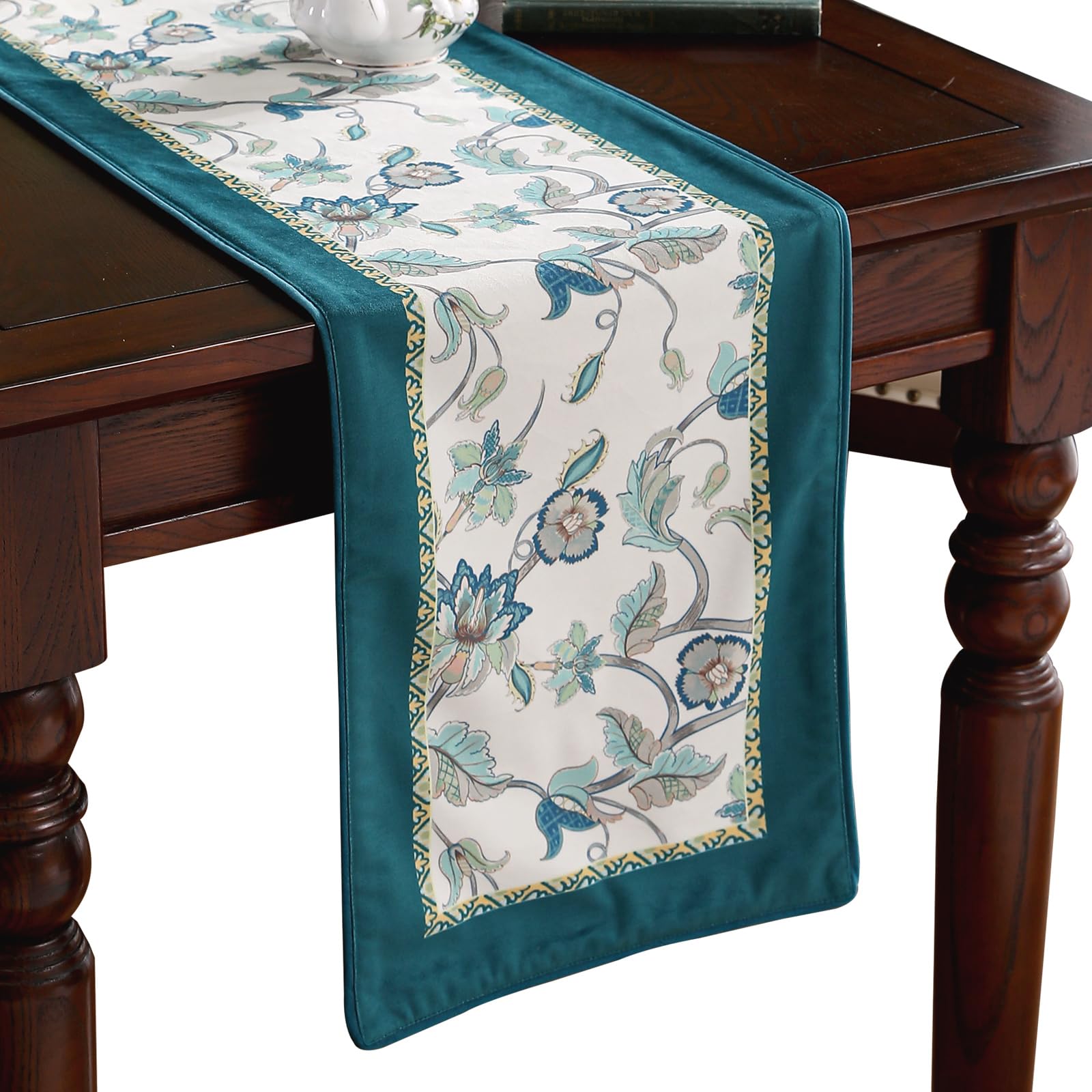Photo 1 of patdrea Designer Elegant French Floral Velvet Table Runner, Teal with Blossoms Pattern Table Mat, Decoration for Kitchen Dining Coffee Table Shelf Cabinet Banquet Thanksgiving,12"*71"
