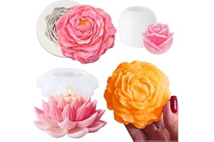 Asaisimg 3 Pcs 3D Flower Candle Molds for Candle Making Supplies, Lotus Peony Rose Floral Silicone Mold for Scented Aromather