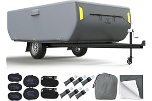 FONZIER Upgraded 7 Layers Pop Up Camper Cover Heavy Duty Fabric Pop-up Folding Camping Trailer Cover, Weatherproof Anti-UV Rip-Stop Fits for 14'-16' Motorhome with Adhesive Repair Patch, 2Pcs Extra Straps