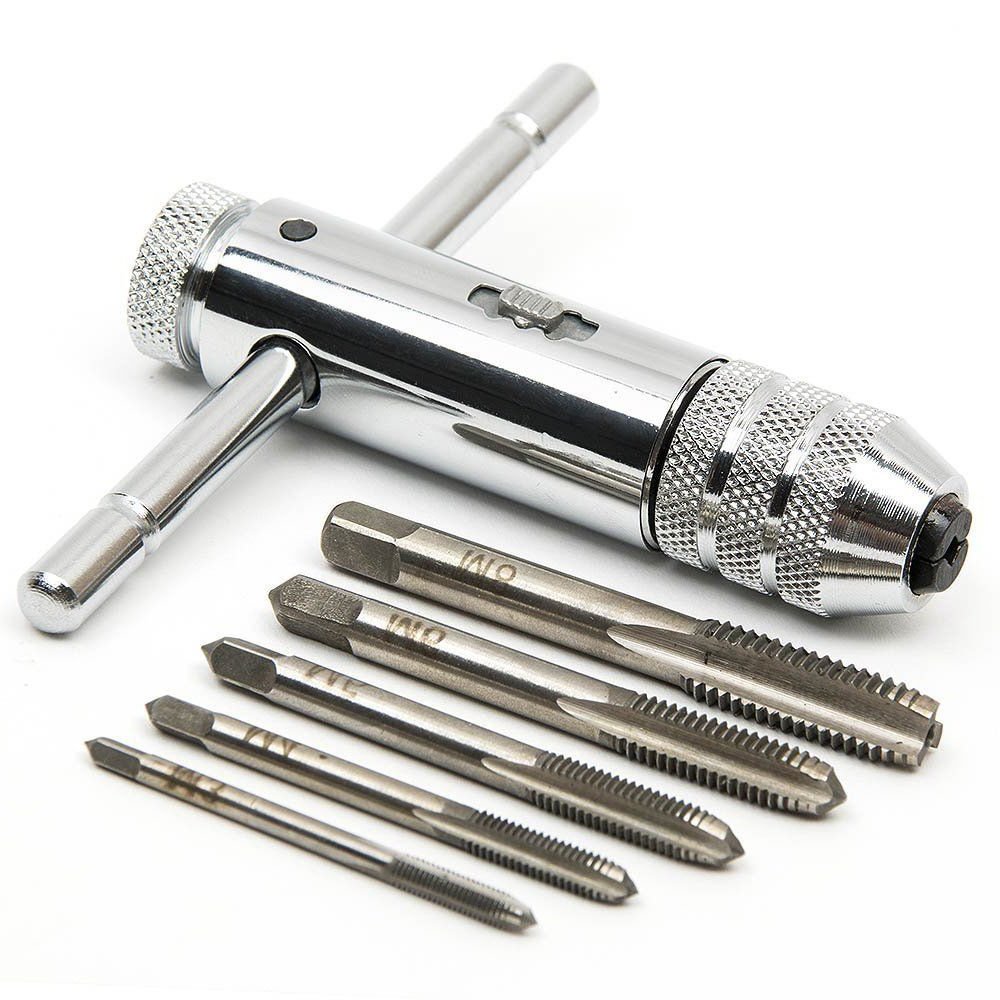 Adjustable Silver T-Handle Ratchet Tap Holder Wrench with 5pcs M3-M8 3mm-8mm Machine Screw Thread Metric Plug T-Shaped Tap