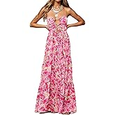 Womens Summer Floral Spaghetti Strap Backless Low Cut Smocked Milkmaid Flowy Beach Sundresses