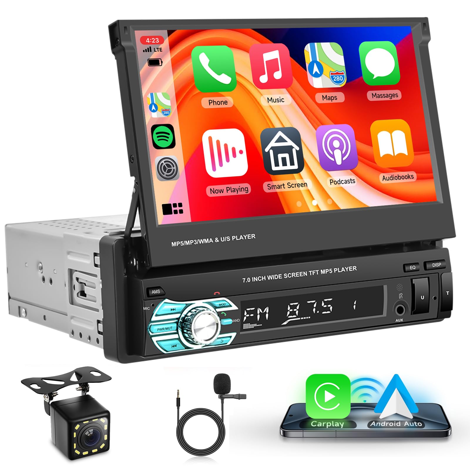 Photo 1 of Single Din Wireless Carplay Car Stereo with Bluetooth, Rimoody 7 Inch flip Out Touch Screen Car Radio MP5 Player Support Android Auto, Mirror Link, USB Type-C, TF, EQ, AM FM, Aux-in, SWC Backup Camera