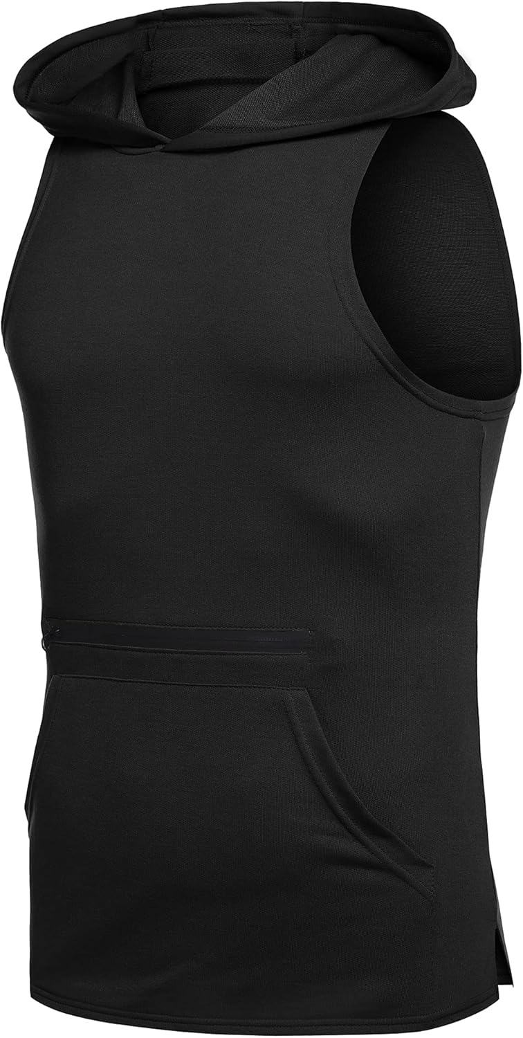 URRU Men's Workout Hoodie Tank Top Bodybuilding Gym T-Shirt Sleeveless Hooded Muscle Shirt with Pockets: Clothing
