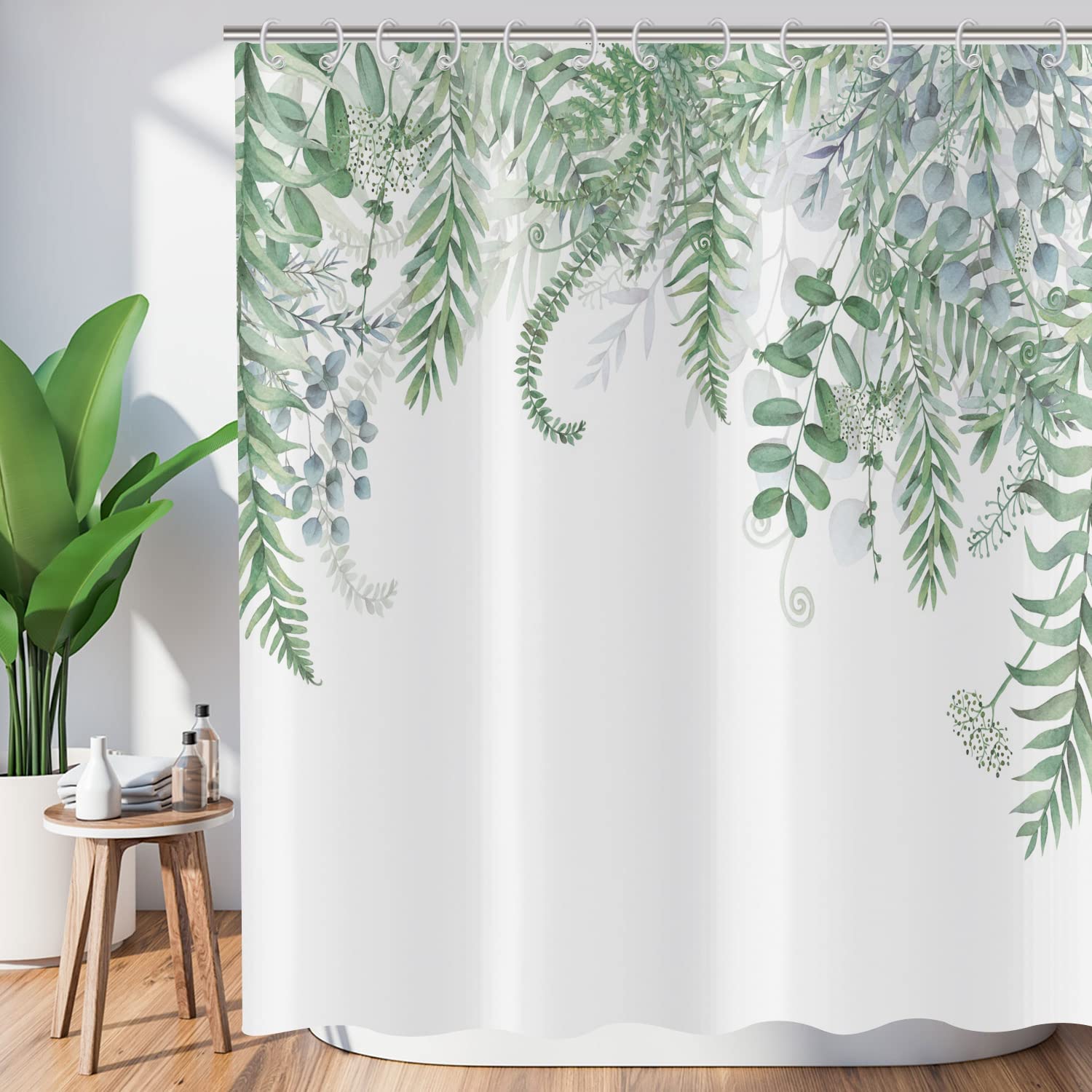 ASDCXZ Leaves Shower Curtain 180x180 cm, Spring Simplicity Green Leaves Eucalyptus Leaves White Bath Washable Shower Curtains Polyester Textile Waterproof Bath Curtain for Bathtub with 12 Hooks — image 1