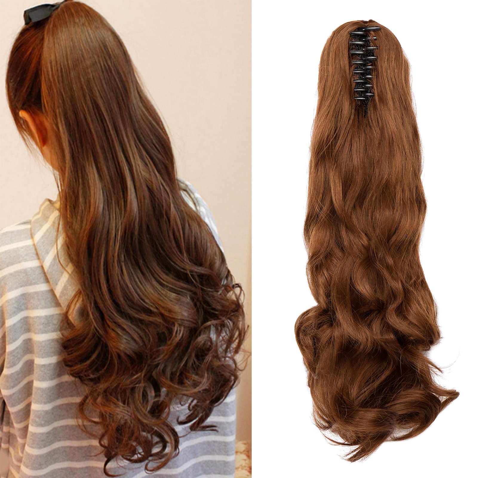 Claw on Ponytail Clip in Hair Extensions Hairpiece Extension Synthetic Curly Wavy Jaw Pony Tail Long Natural (Light Auburn)