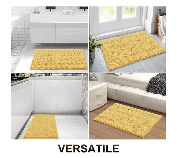 GRANDAILY CHENILLE STRIPED BATHROOM RUGS 59X24, EXTRA THICK AND ABSORBENT BATH MATS, NON-SLIP SOFT PLUSH SHAGGY SHOWER CARPET, MACHINE WASH DRY, BATH RUG FOR BATHROOM, YELLOW