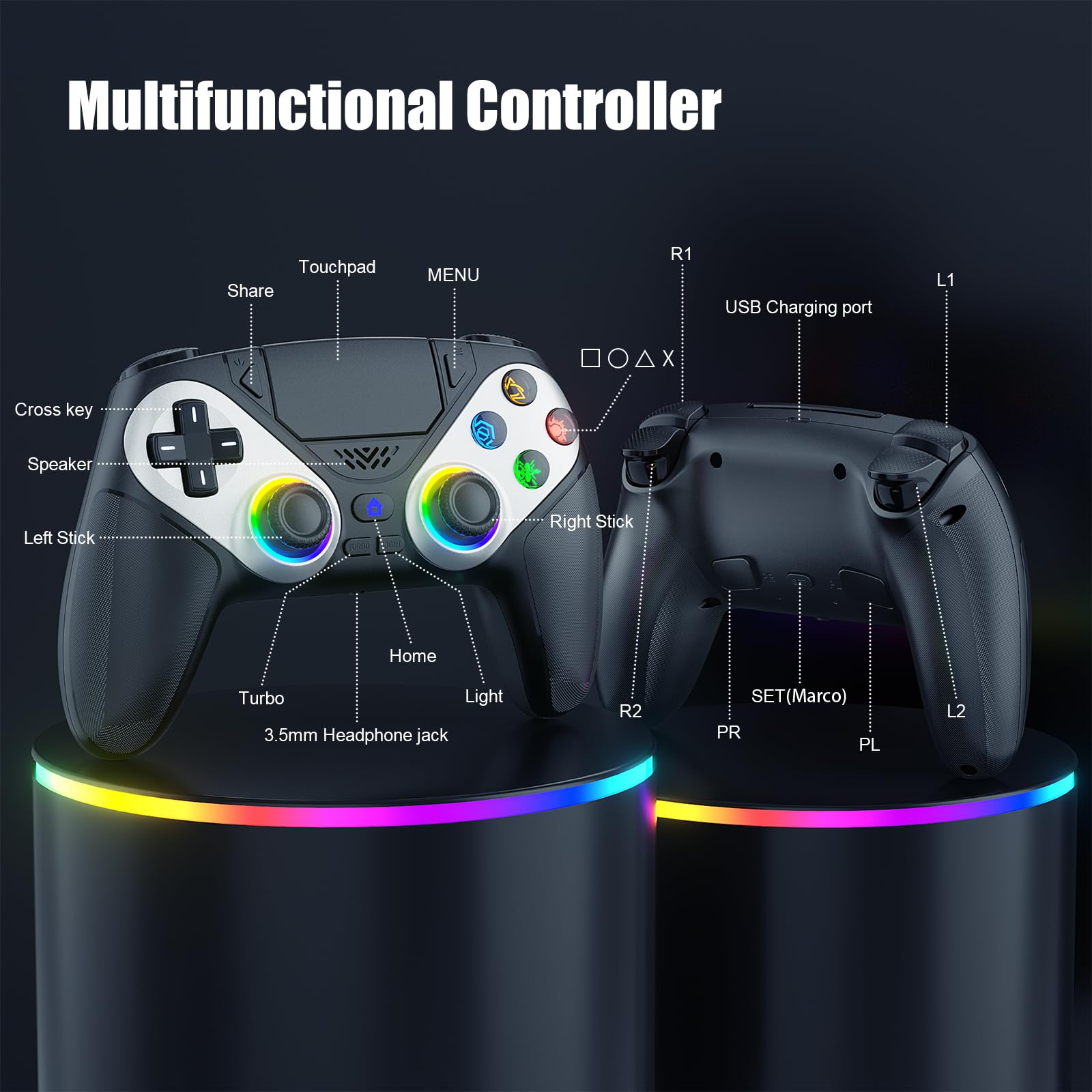 Bonacell RGB Wireless Controller für PS5 Pro/Slim/PC, Back Paddles 6-Achsen-Bewegungs/Dual Vibration/Turbo/Marco Touch Pad 3.5mm Audio Jack 3