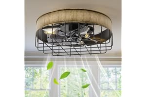 G-SAFAVA 16" Caged Ceiling Fans with Lights and Remote, 6 Wind Speeds 3 Timing Quiet Flush Mount Low Profile Ceiling Fan for Bedroom Living Room Kitchen, Farmhouse Small Reversible Ceiling Fan, Black