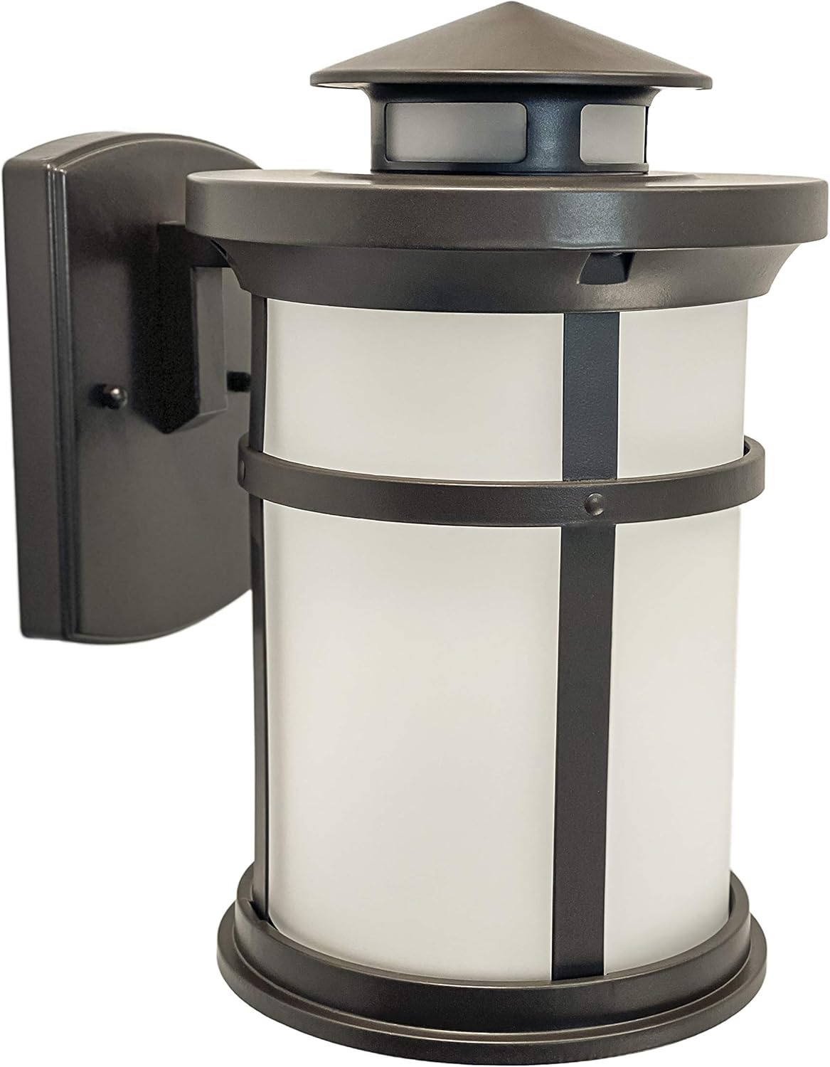CORAMDEO Outdoor Round Misson-Style Wall Mount Lantern, Built-in LED to Last Over 22 Years, Easy to Install Outside Light Fixture for House Exteriors, Garages & Wet Locations, Bronze Finish, Medium