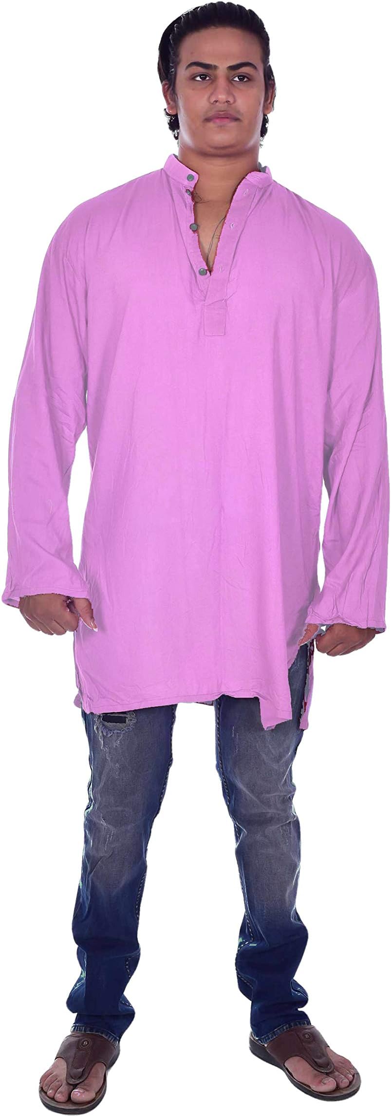 Lakkar Haveli Men's Indian Tunic Shirt Kurta Solid Pink Color 100% Cotton Big Tall