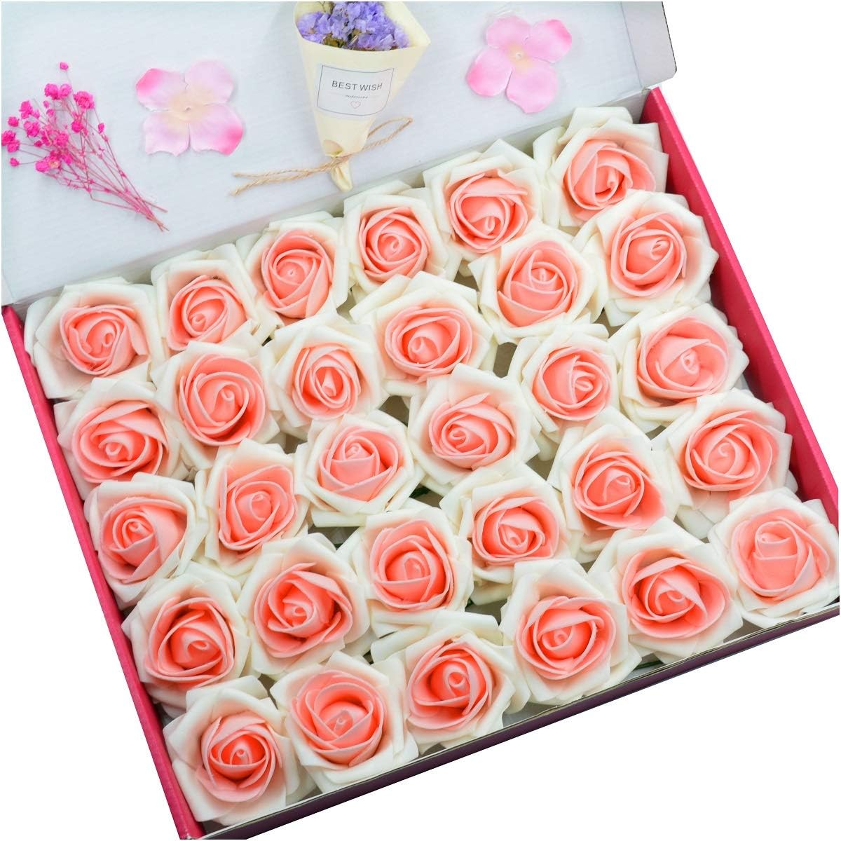 Anndason 50 PCS Artificial Roses Flowers Artificial Foam Roses Fake Roses for Home Decorations Wedding Bouquets Party (Cream White + Pink)