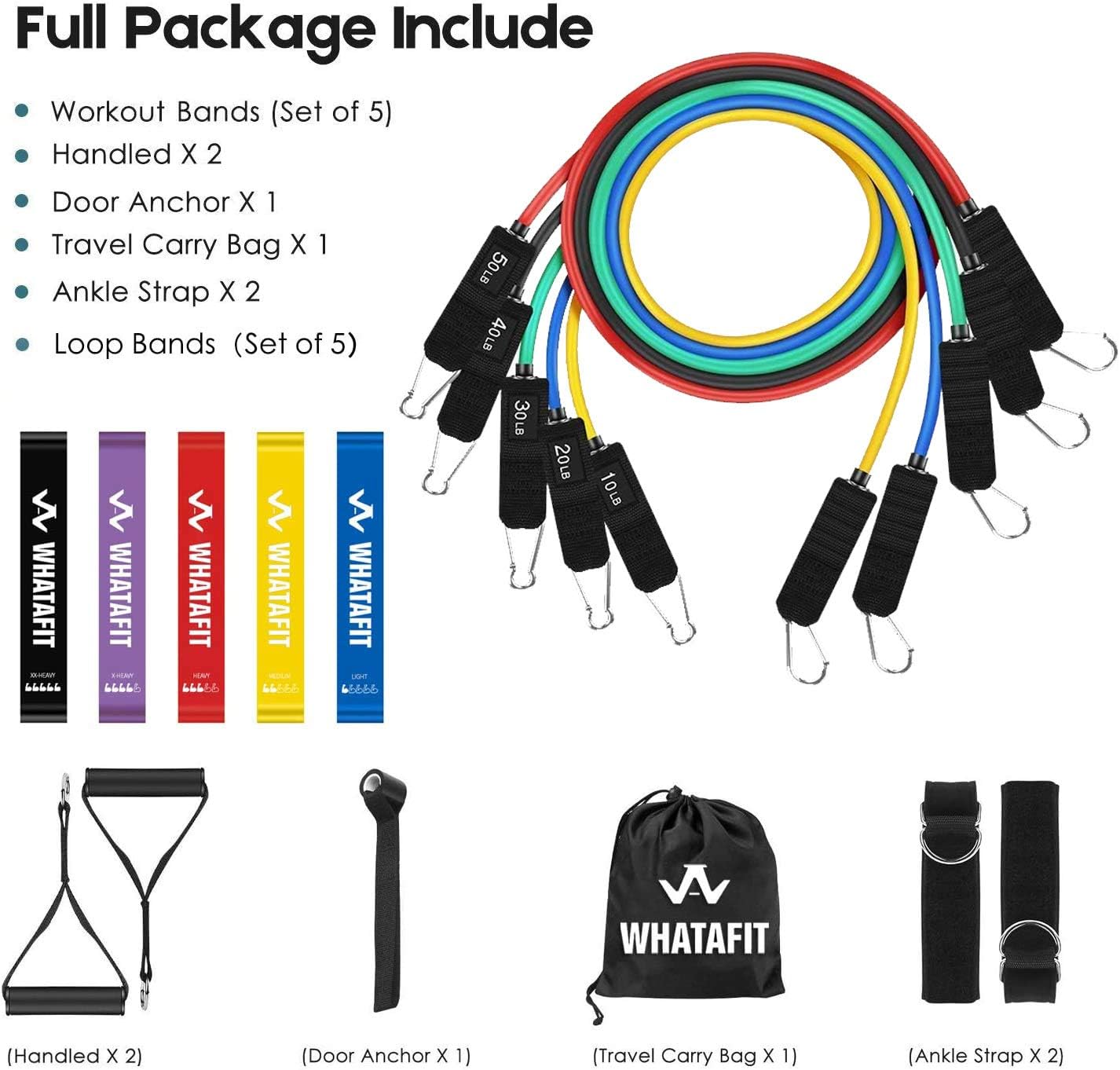 Whatafit Resistance Bands Set (16pcs), Exercise Bands with Door Anchor, Handles, Carry Bag, Legs Ankle Straps for Resistance Training, Physical Therapy, Home Workouts (Set3) : Sports & Outdoors