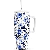 Meoky 40 oz Tumbler with Handle and Straw: Stainless Steel Insulated Tumbler with Lid and Straw - 100% Leak Proof Tumbler for Car Cup Holders - Travelers Commuters Workers, Blue Rose