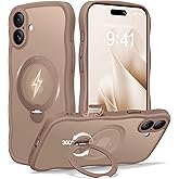 CAPRARO for iPhone 16 Case with 360° Spin Magnetic Stand for Women, [Compatible with MagSafe] [Full Camera Protection] Cute Wave Translucent Matte Case for iPhone 16, Brown