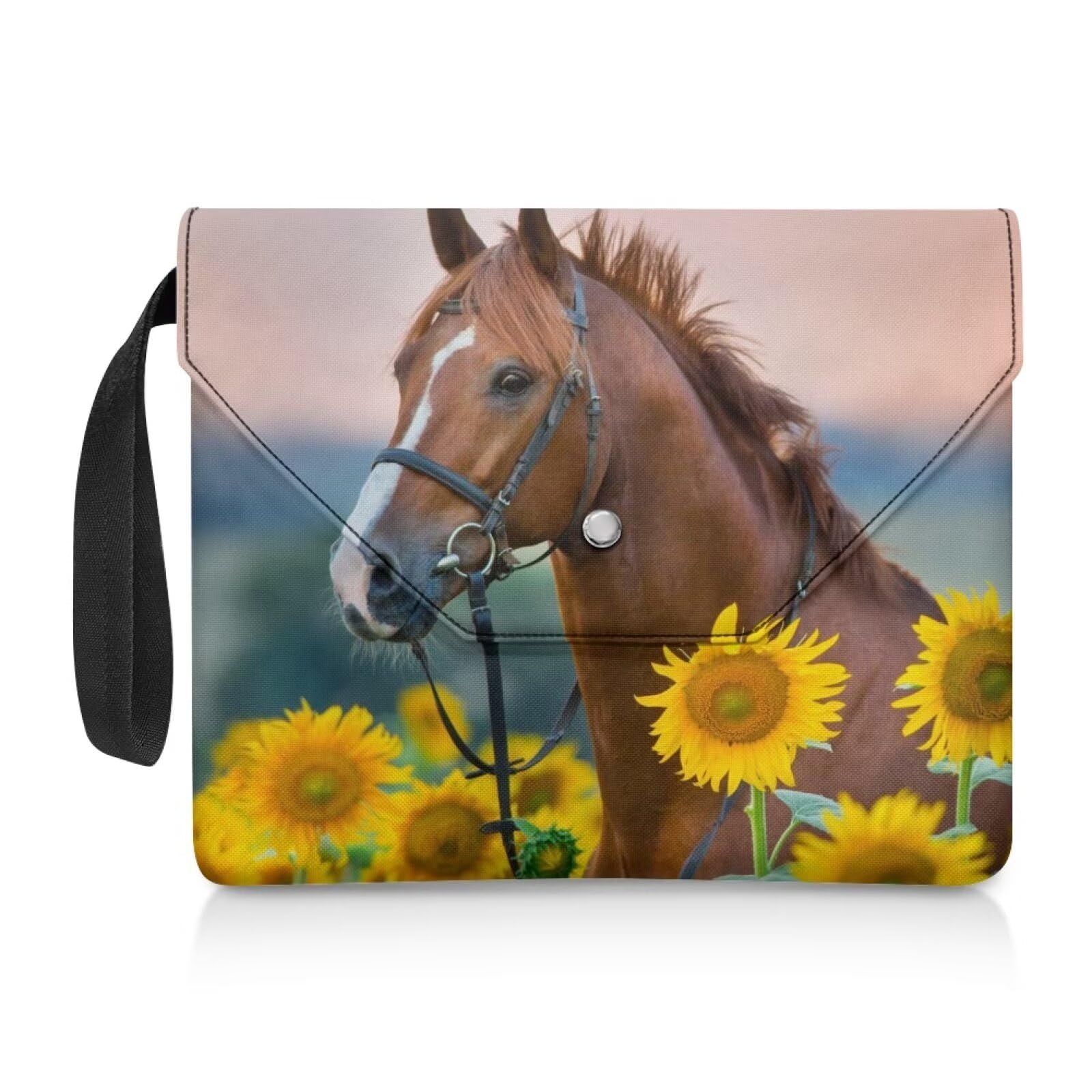 Renewold Book Covers Protector Book Sleeve Horse Sunflower Print Book Pouch Bag for Hardcover Textbooks Notebooks Storage Organizer with 2 Pocket for Girls Boys Women Men