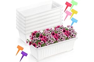 Fasmov 7 Pack 17 Inches White Flower Window Box Plastic Vegetable Planters with Trays Vegetables Growing Container Garden Flo