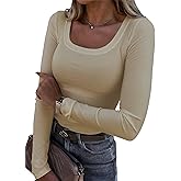 Roselux Womens Long Sleeve Scoop Neck Ribbed Knit Fitted Casual Tops Tee Slim Basic Shirts