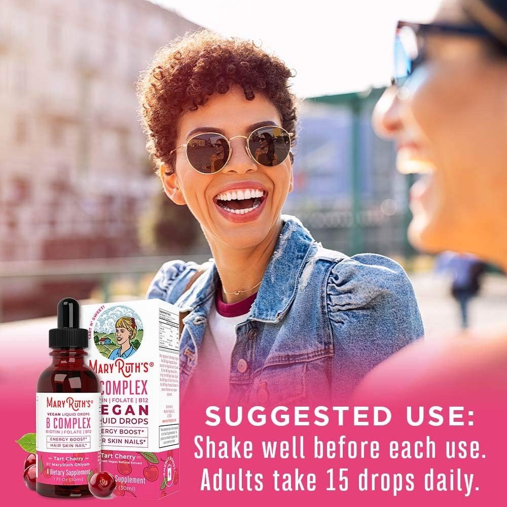 Vegan Vitamin B Complex Sublingual Liquid by MaryRuth's - Hair Skin Nails Energy - Methyl B12 Folate Biotin Niacin Vitamin B3, 6, 7, 9, 12 - Tart Cherry - Glass 1oz: Health & Personal Care