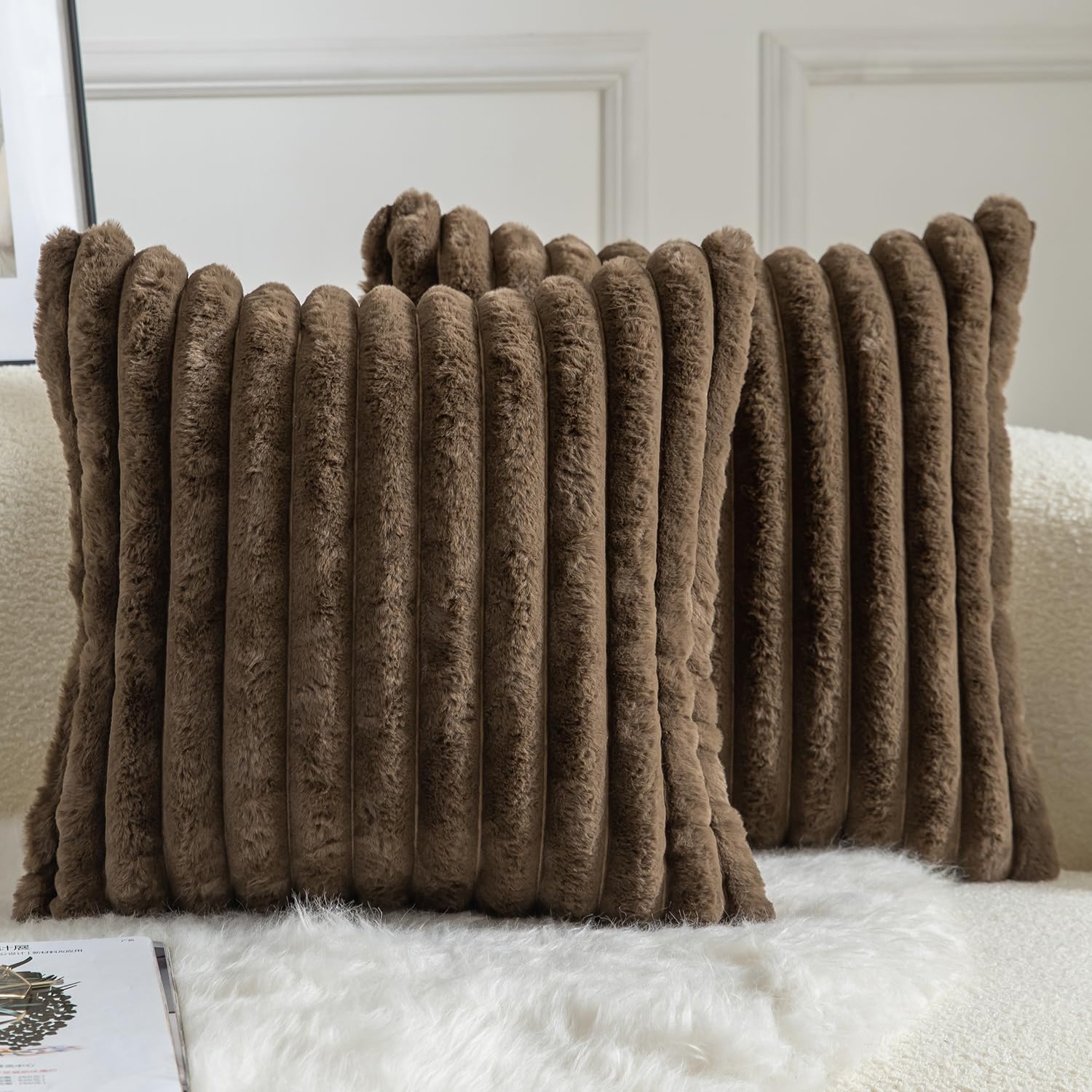 Mandioo Pack of 2 Decorative Cushion Covers 30cm x 50cm Faux Fur Striped Plush Soft Throw Pillow Covers Pillow Cases Bedroom Living Room Sofa Home 26x26 Inch Dark Brown