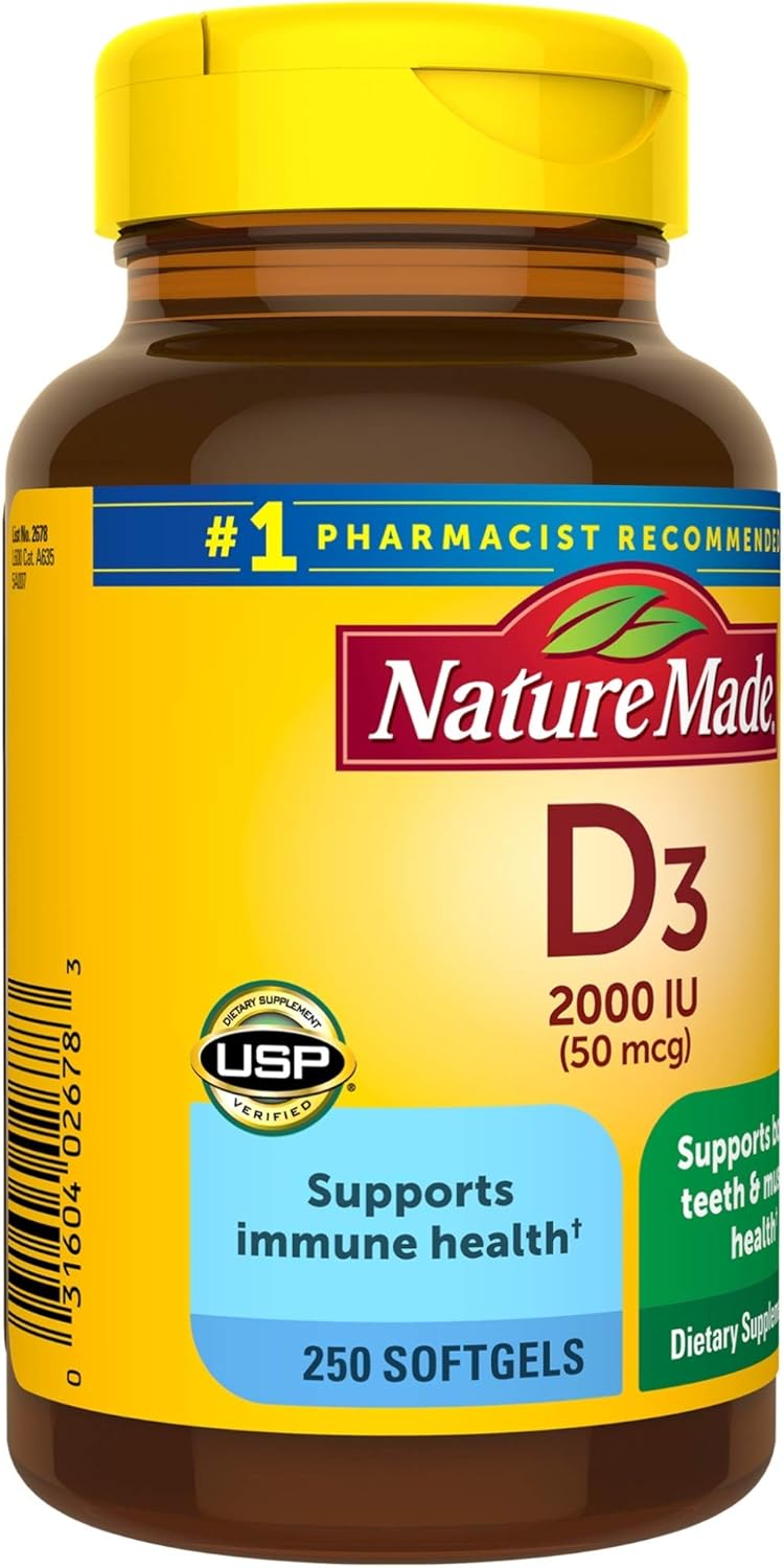 Nature Made Vitamin D3 2000 IU (50 mcg) Softgels, 250 Count Everyday Value Size for Bone Health† (Packaging May Vary): Health & Personal Care
