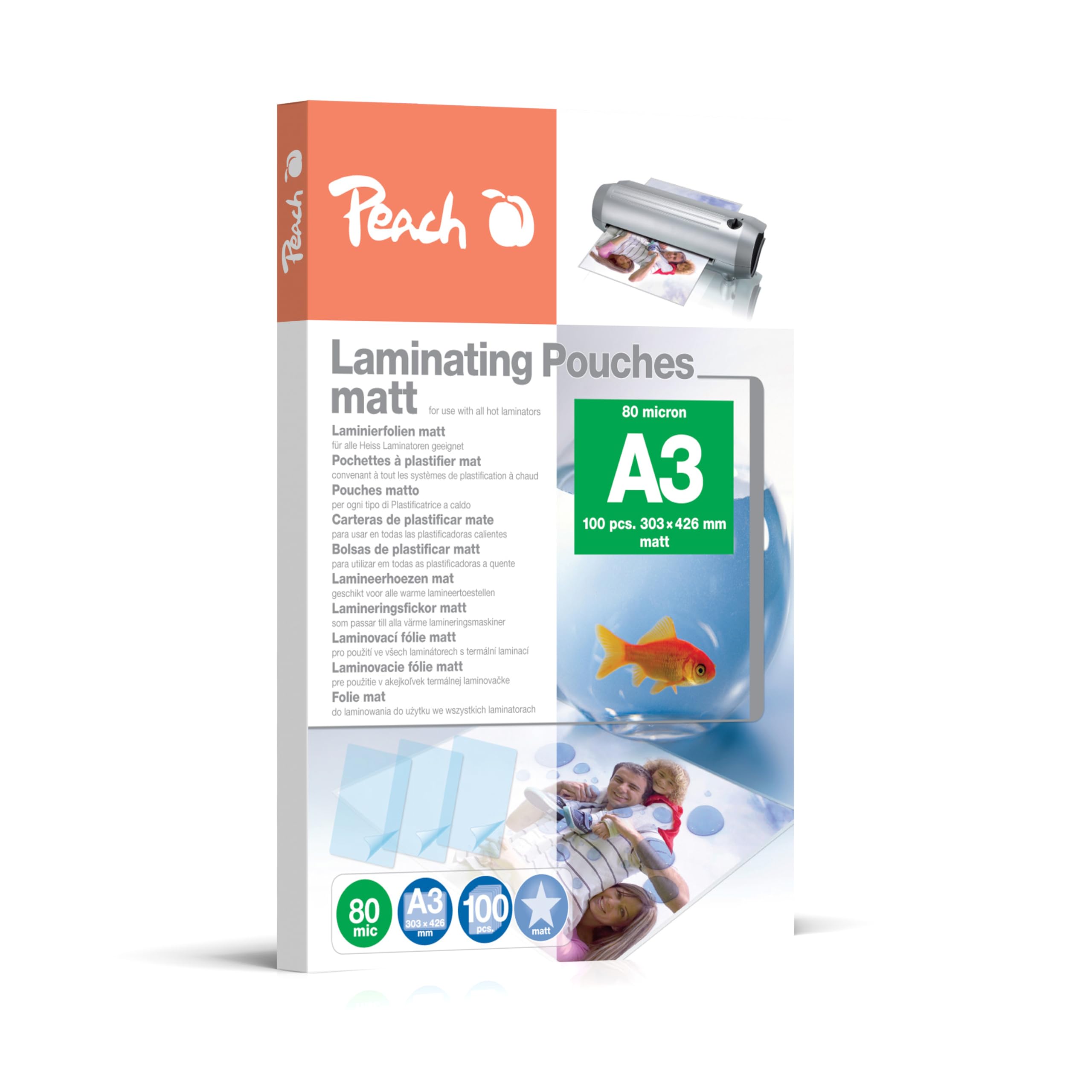 Peach S-PP580-15 Laminating Film A3-80 mic 100 Pouches Matt Writeable Premium Quality for Best Laminating Results Suitable for All Laminators